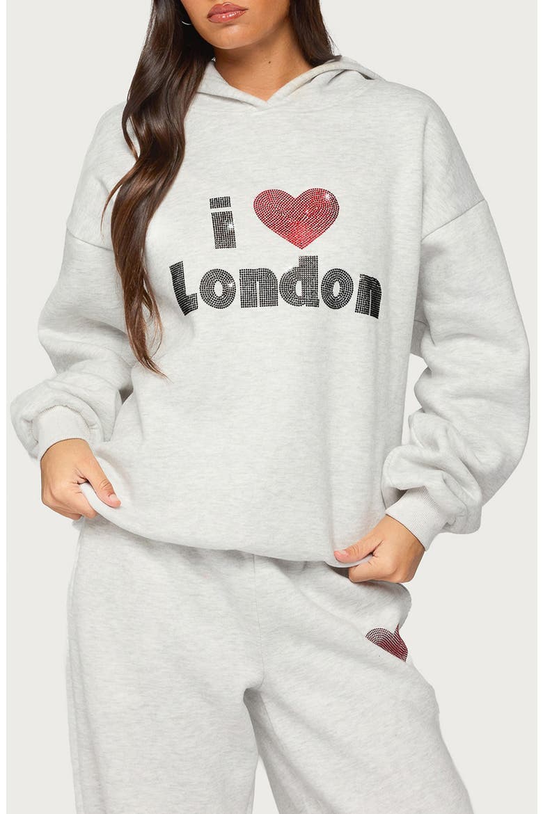 London Obsessed Rhinestone Graphic Hoodie, Main, color, LIGHT-GRAY-MELANGE