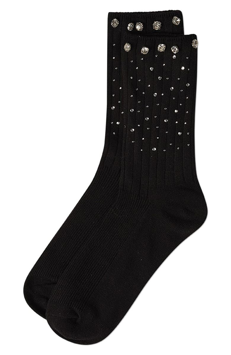MeMoi Rhinestone Rib Crew Socks, Alternate, color, Black