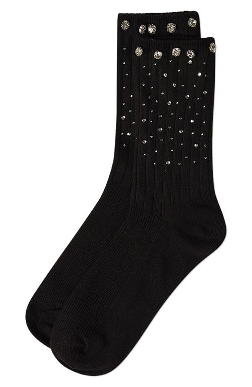 Memoi Rhinestone Rib Crew Socks In Black