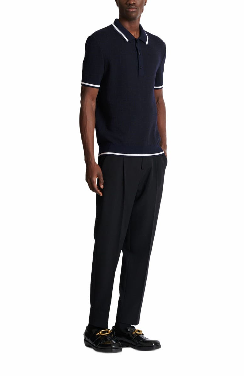 Balmain Monogrammed Merino Wool Polo Shirt, Main, color, Navy