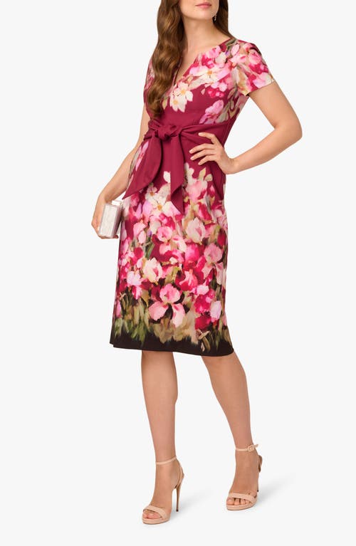 Adrianna Papell Floral Print Tie Front Stretch Twill Sheath Dress In Purple
