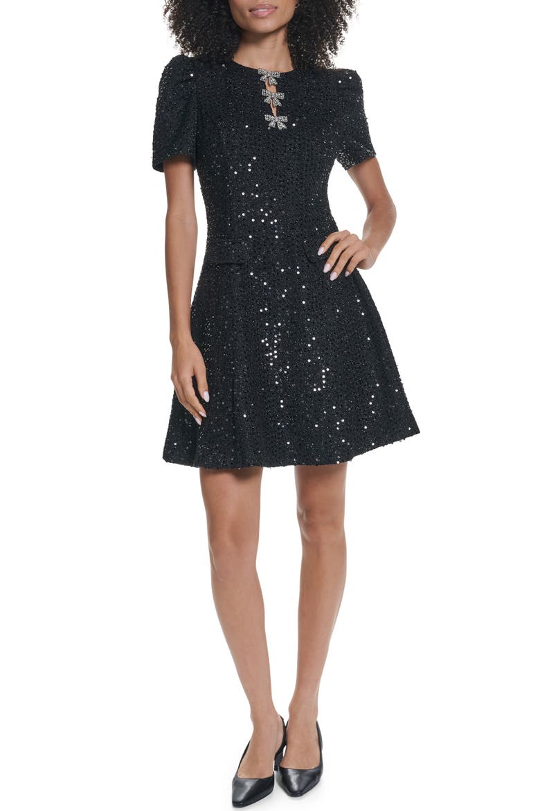 Bow Detail Sequin Tweed A-Line Minidress, Alternate, color, BLACK