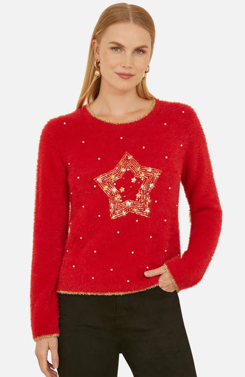 Yumi Fluffy Star Christmas Sweater In Red