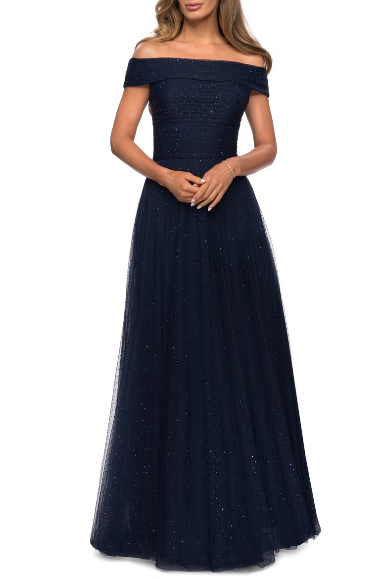 Tulle Off the Shoulder A-line Dress with Rhinestones, Main, color, NAVY