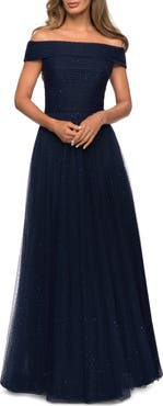 La Femme Tulle Off the Shoulder A-line Dress with Rhinestones