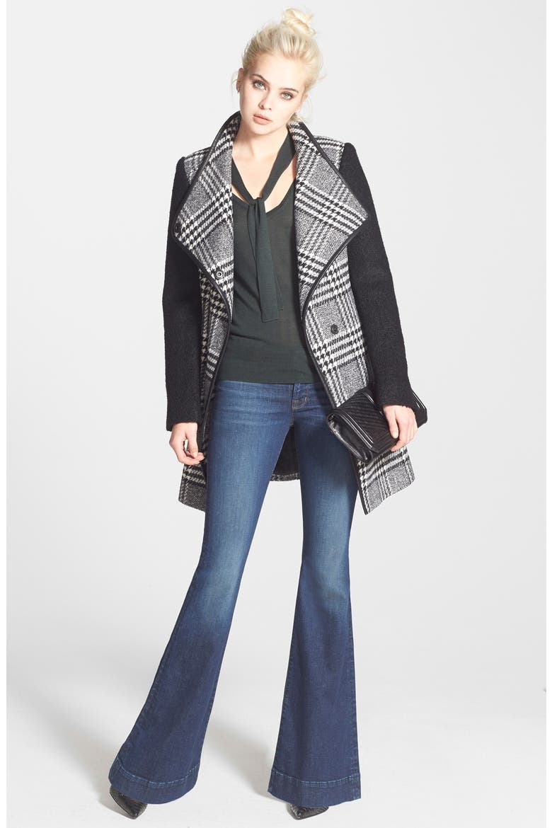 Bouclé Sleeve Plaid Wrap Coat, Alternate, color, BLACK/WHITE PLAID