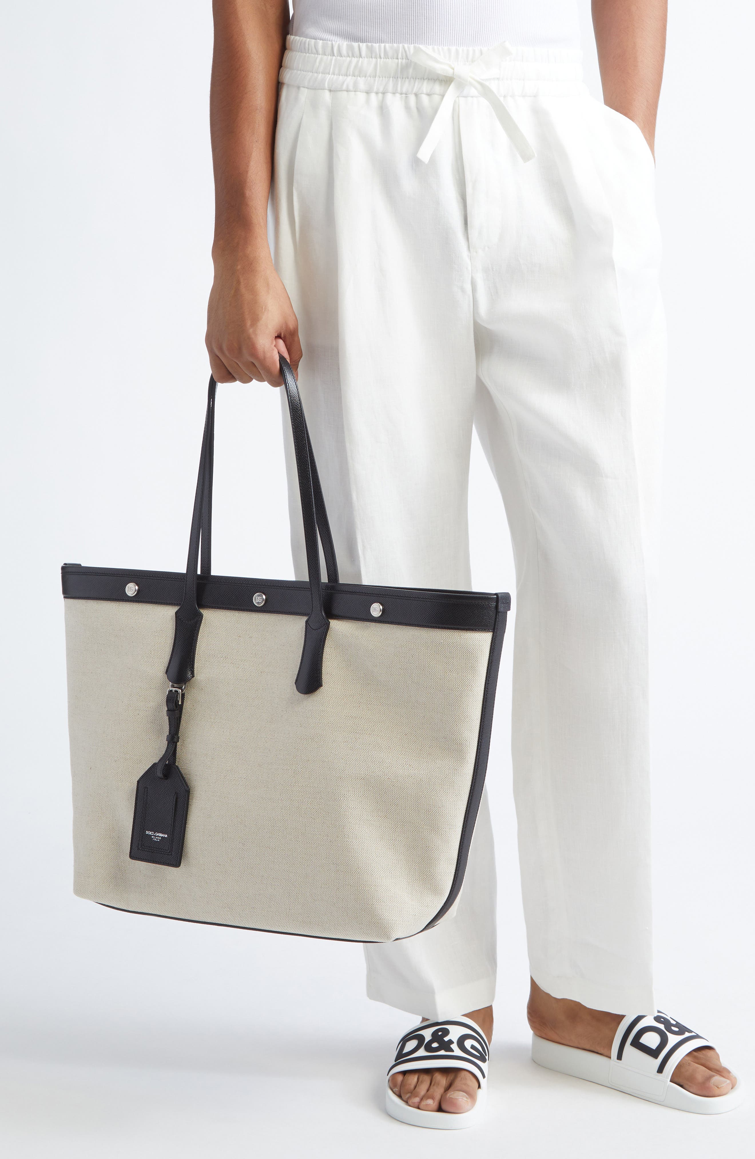 Dolce&Gabbana Atene Canvas Tote, Alternate, color, 8S469 Avorio/ Nero