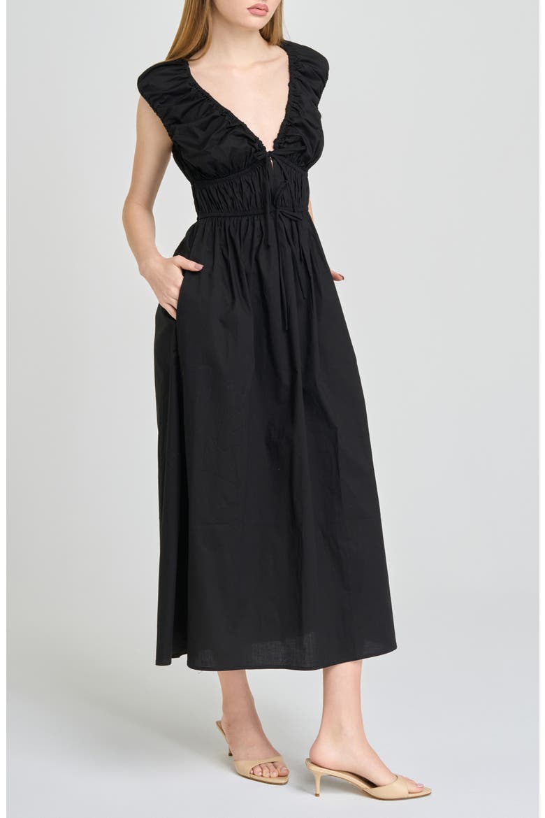 Liv Ruched Stretch Cotton Poplin Midi Dress, Alternate, color, BLACK