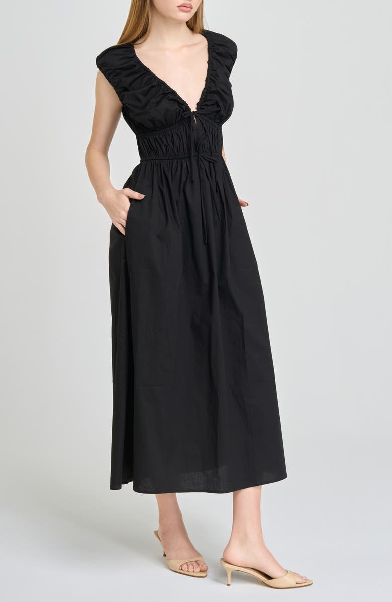 WAYF Liv Ruched Stretch Cotton Poplin Midi Dress, Alternate, color, Black