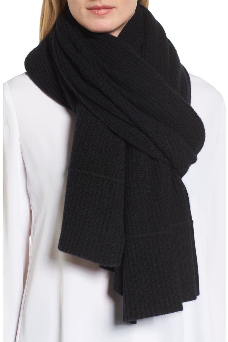 Cardigan Stitch Cashmere Wrap, Alternate, color, BLACK