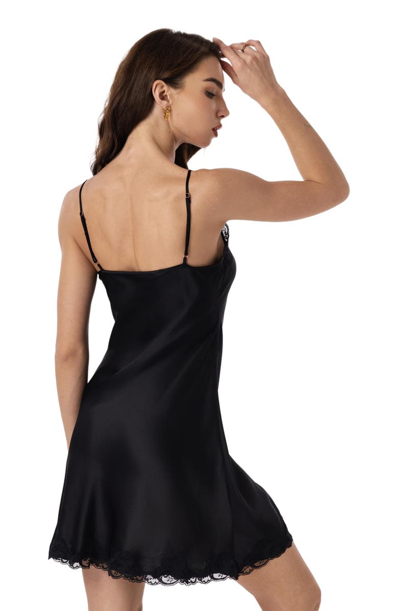 SILKSILKY Silk V-Neck Lace Trim Side Slit Spaghetti Strap Nightgown, Alternate, color,