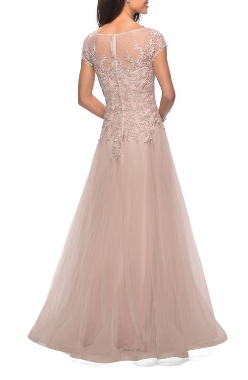 La Femme Long Tulle Gown With Lace Bodice And Pockets In Light Blush