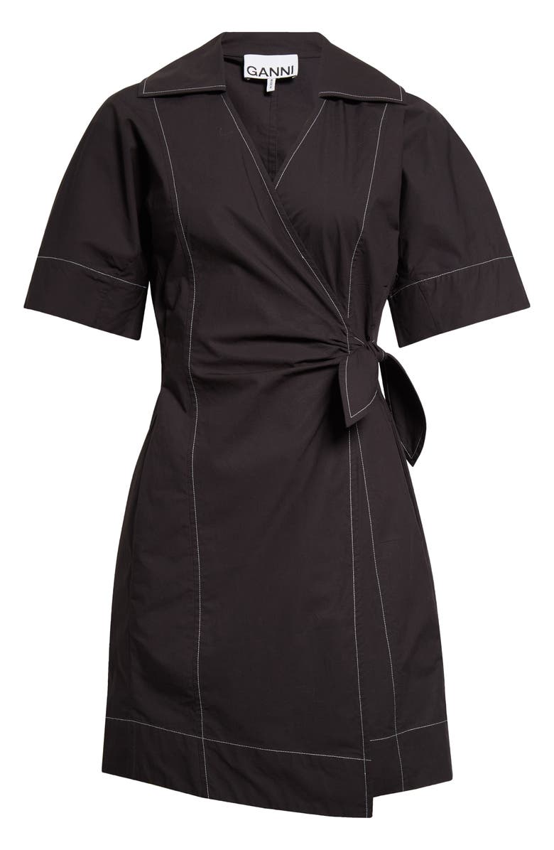 Ganni Organic Cotton Wrap Minidress, Alternate, color, Black