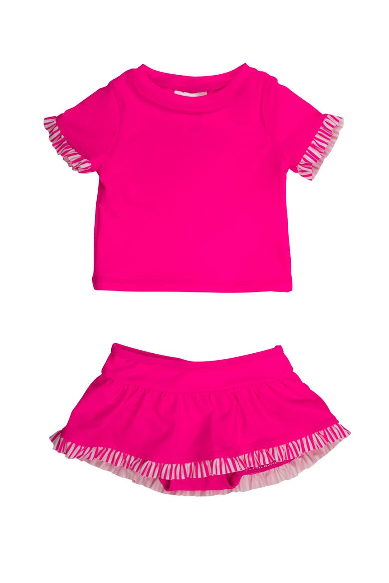 Girls Short Sleeve Ruffle UPF50+ Rash Guard Skirted 2-Piece, Main, color, Neon Magenta