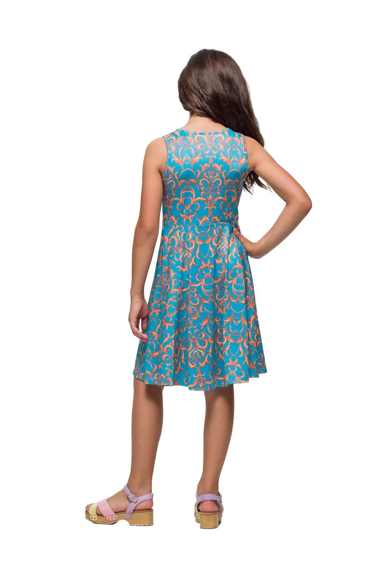 Sky Blue and Orange Print Fit and Flare Dress, Alternate, color, Blue Multi
