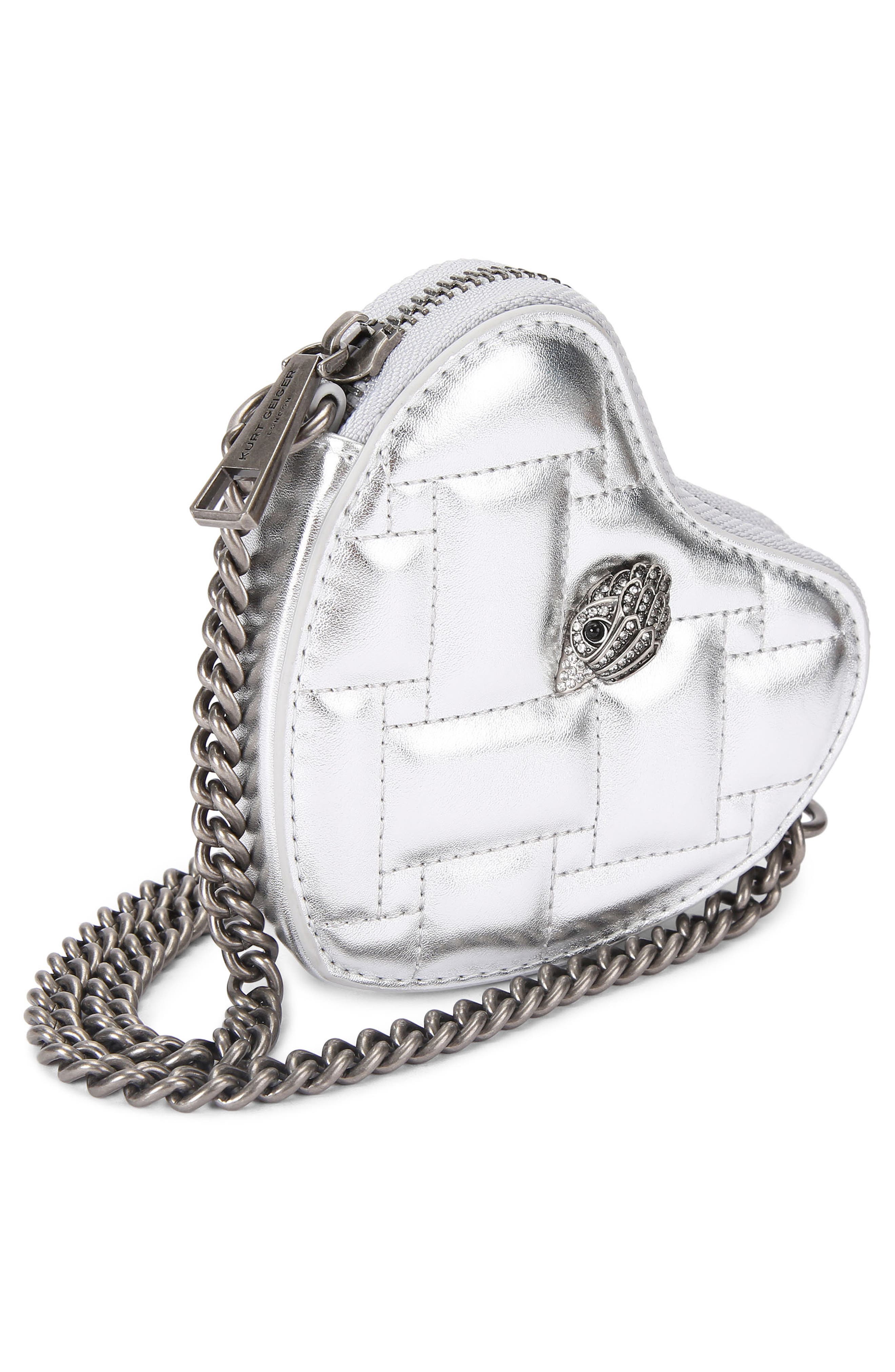 Kurt Geiger London Micro Heart Leather Crossbody Bag, Alternate, color, Silver