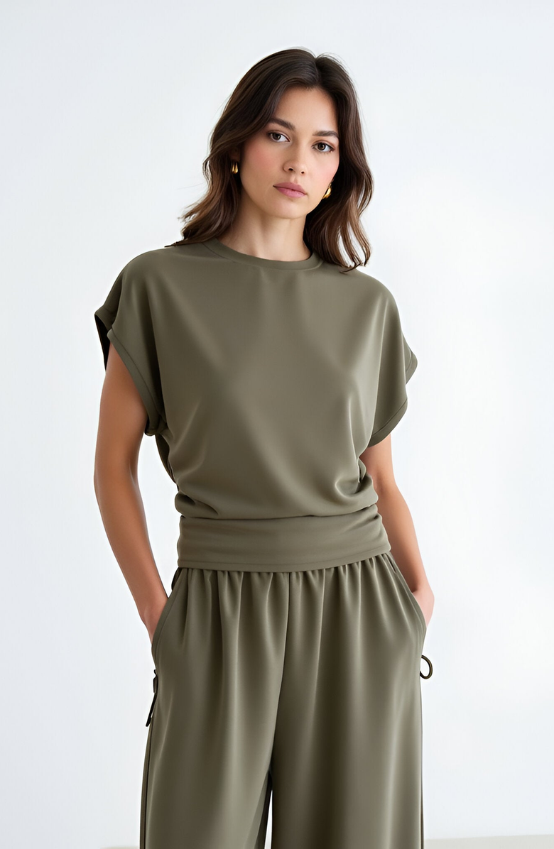 Modenaire Ruched Side Cap Sleeve Top with Cinched Waist and Relaxed Fit, Main, color,