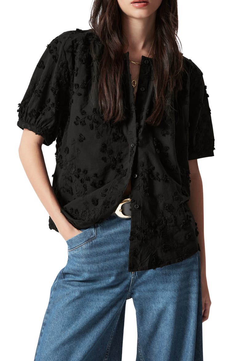 Floral Jacquard Cotton Button-Up Shirt, Main, color, BLACK