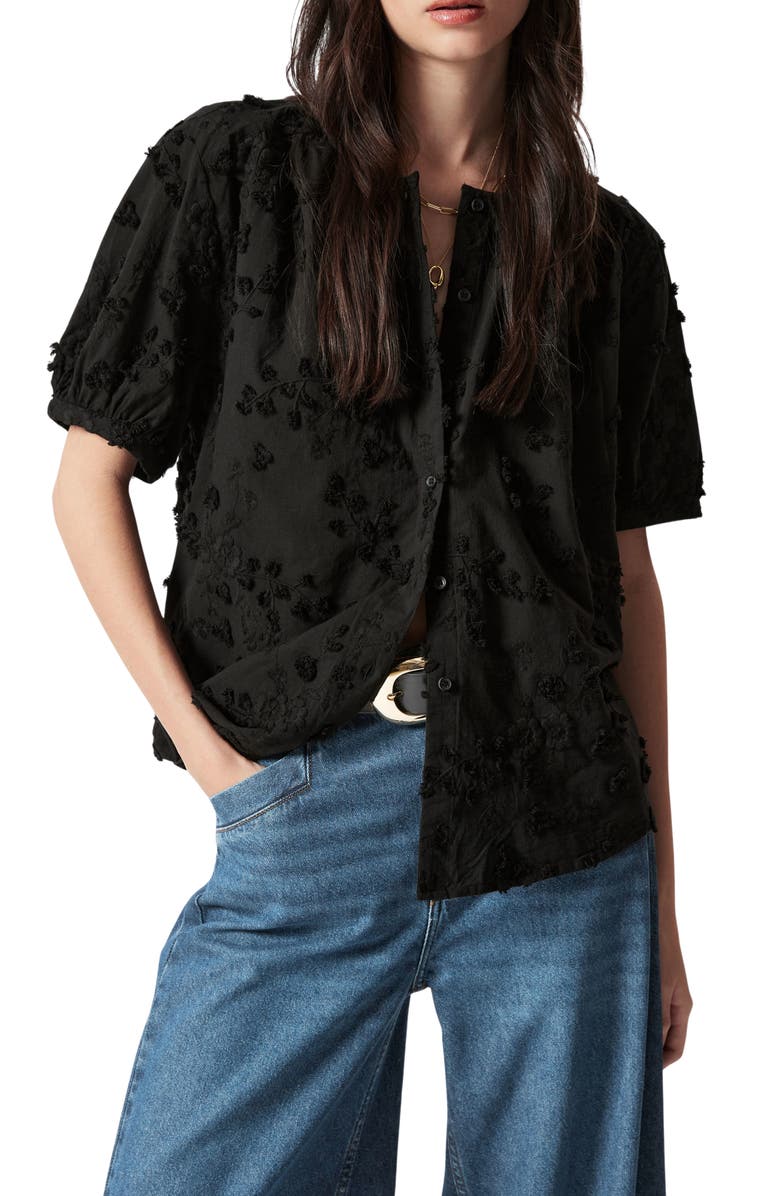 & Other Stories Floral Jacquard Cotton Button-Up Shirt, Main, color, Black
