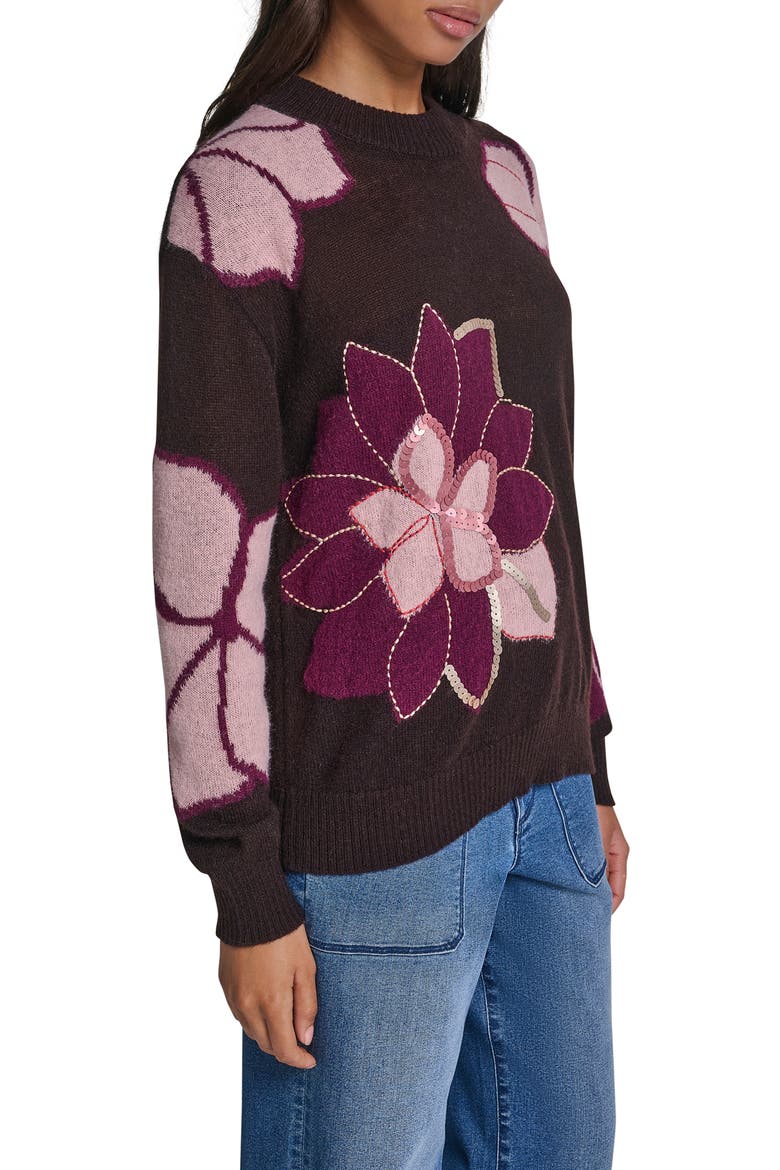 Floral Sequin Crewneck Sweater, Alternate, color, CHOCOLATE