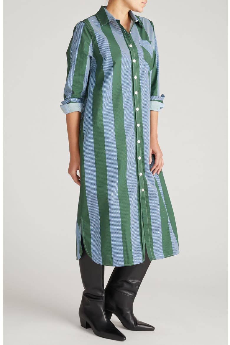 Odeon Long Sleeve Stretch Poplin Midi Shirtdress, Alternate, color, GREEN/ BLUE STRIPE