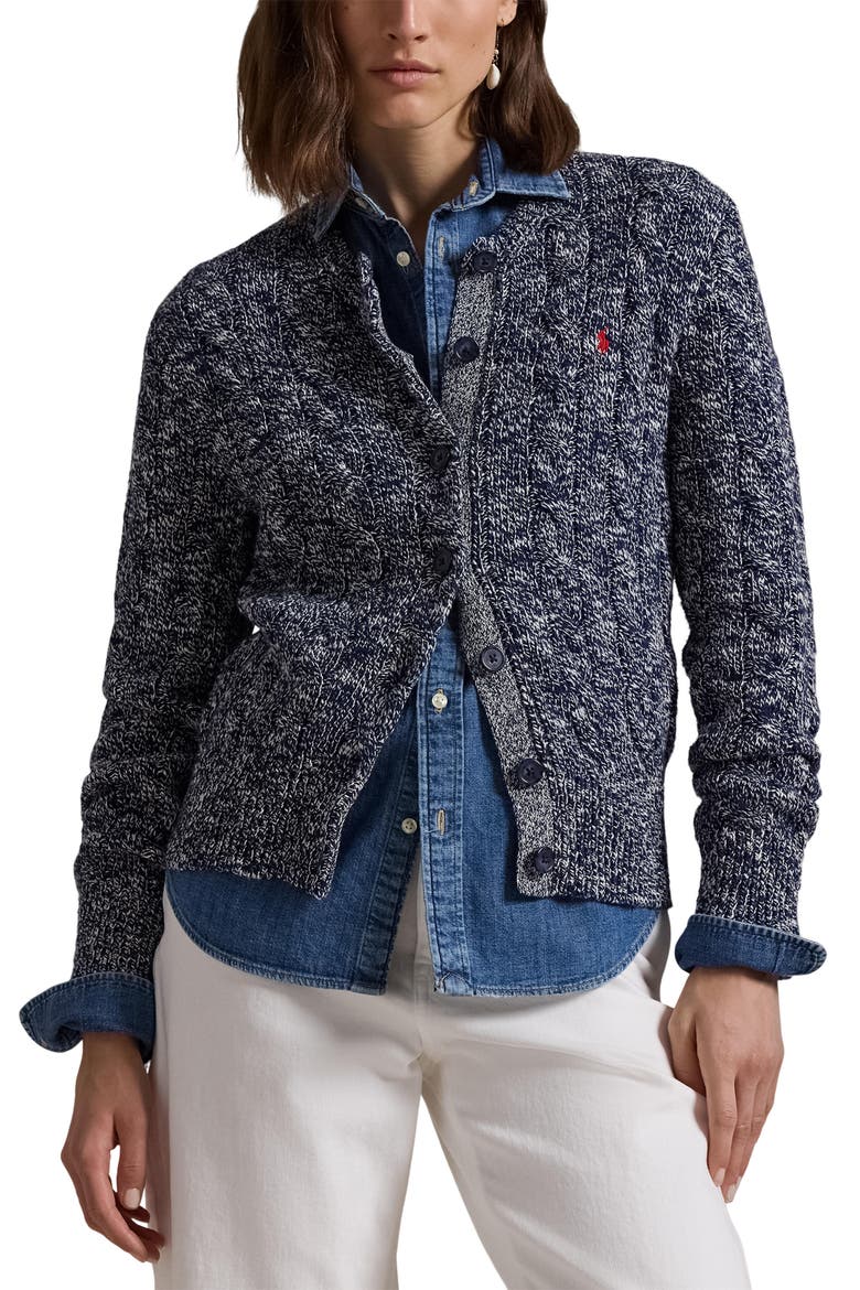 Cable Stitch Cotton Cardigan, Main, color, NAVY/CREAM