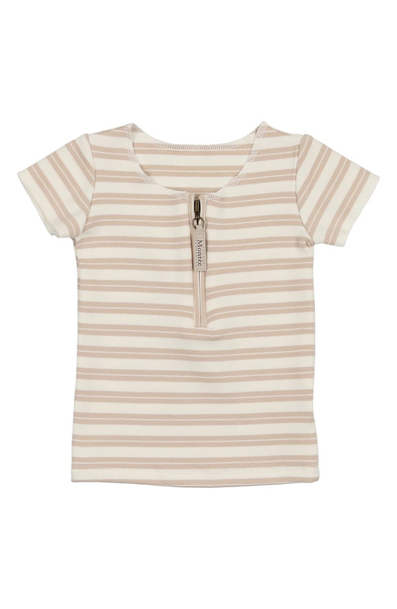 Manière Kids' Stripe Zip Short Sleeve Top, Main, color, Sand