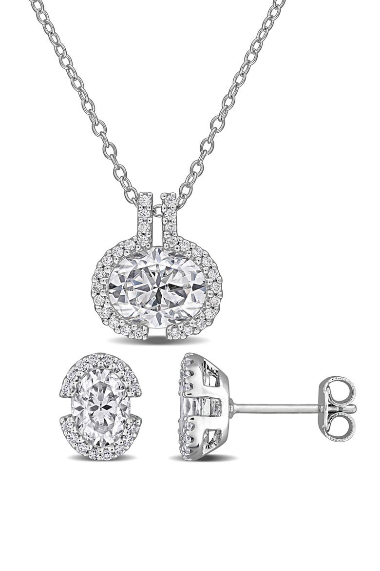 Oval-Cut White Moissanite Earrings & Necklace Set, Main, color, SILVER