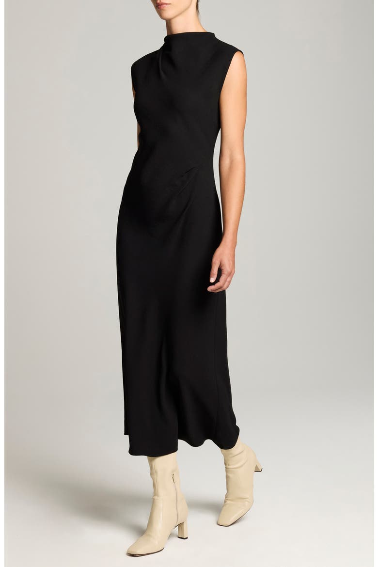 Draped Funnel Neck Dress, Alternate, color, BLACK