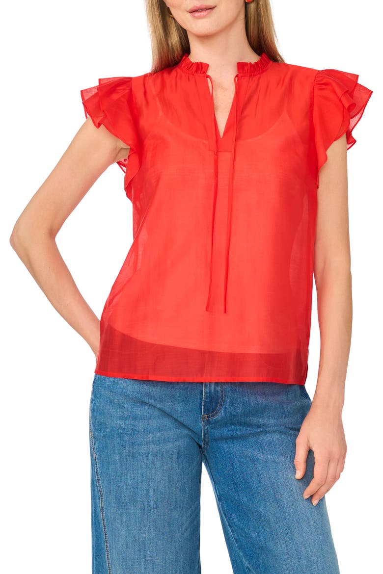 Tie Front Flutter Sleeve Top, Main, color, LOBSTER RED