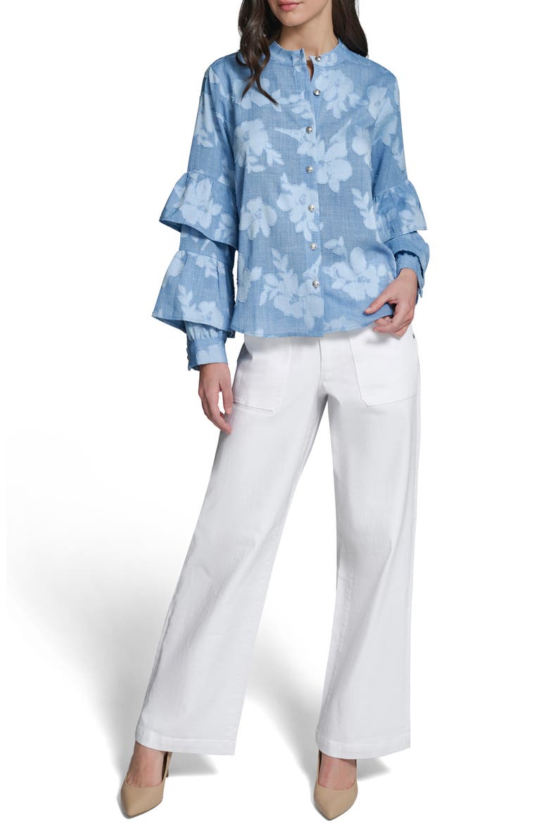 Floral Ruffle Denim Top, Alternate, color, MEDIUM WASH