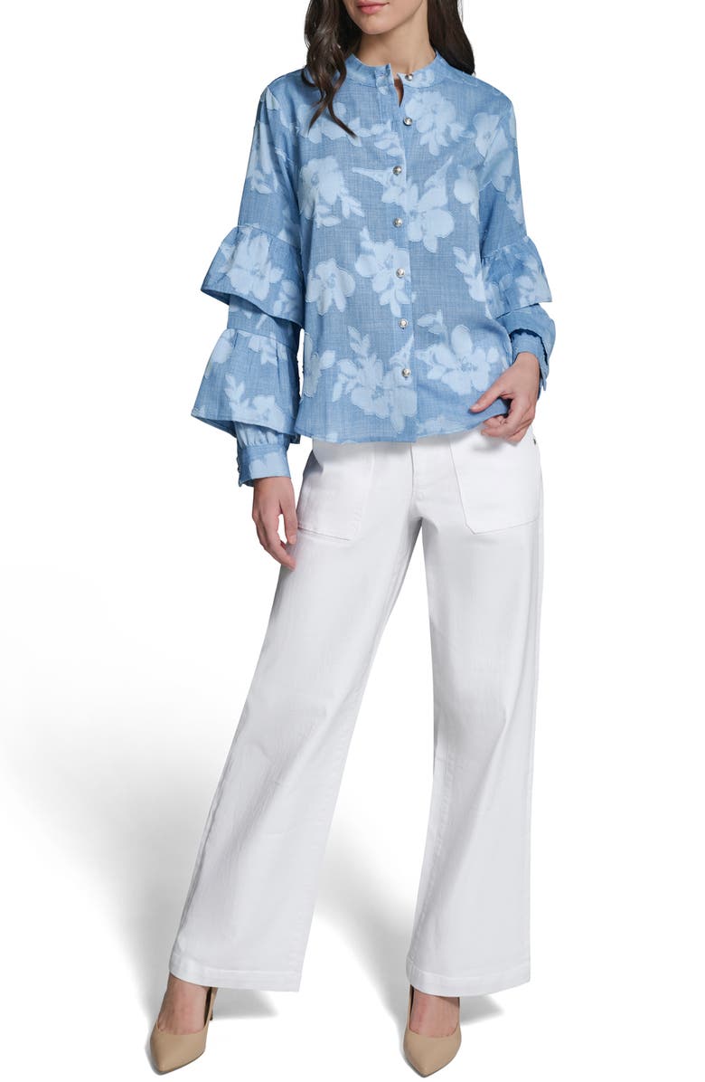 KARL LAGERFELD PARIS Floral Ruffle Denim Top, Alternate, color, Medium Wash