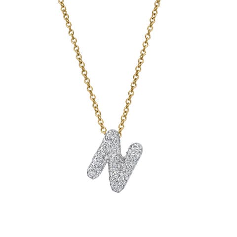 Small Bubble Initial Letter 14K Yellow Gold Diamond Pendant Necklace