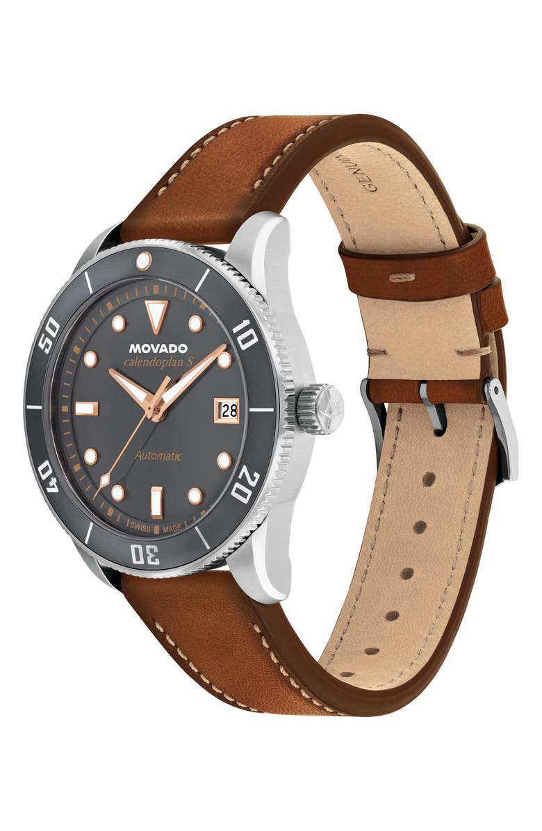 Movado Heritage Calendoplan S Automatic Leather Strap Watch, 40mm, Alternate, color, Gray