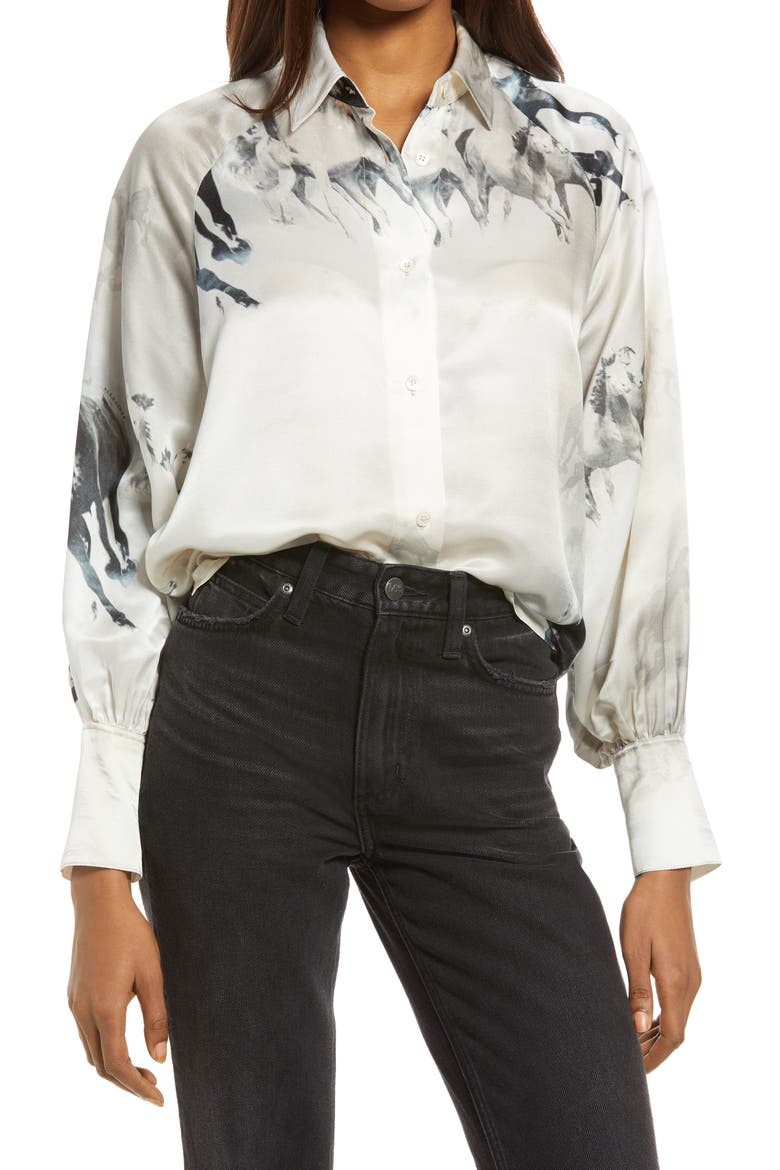 Oana Epoto Horse Print Balloon Sleeve Blouse, Main, color, ECRU WHITE