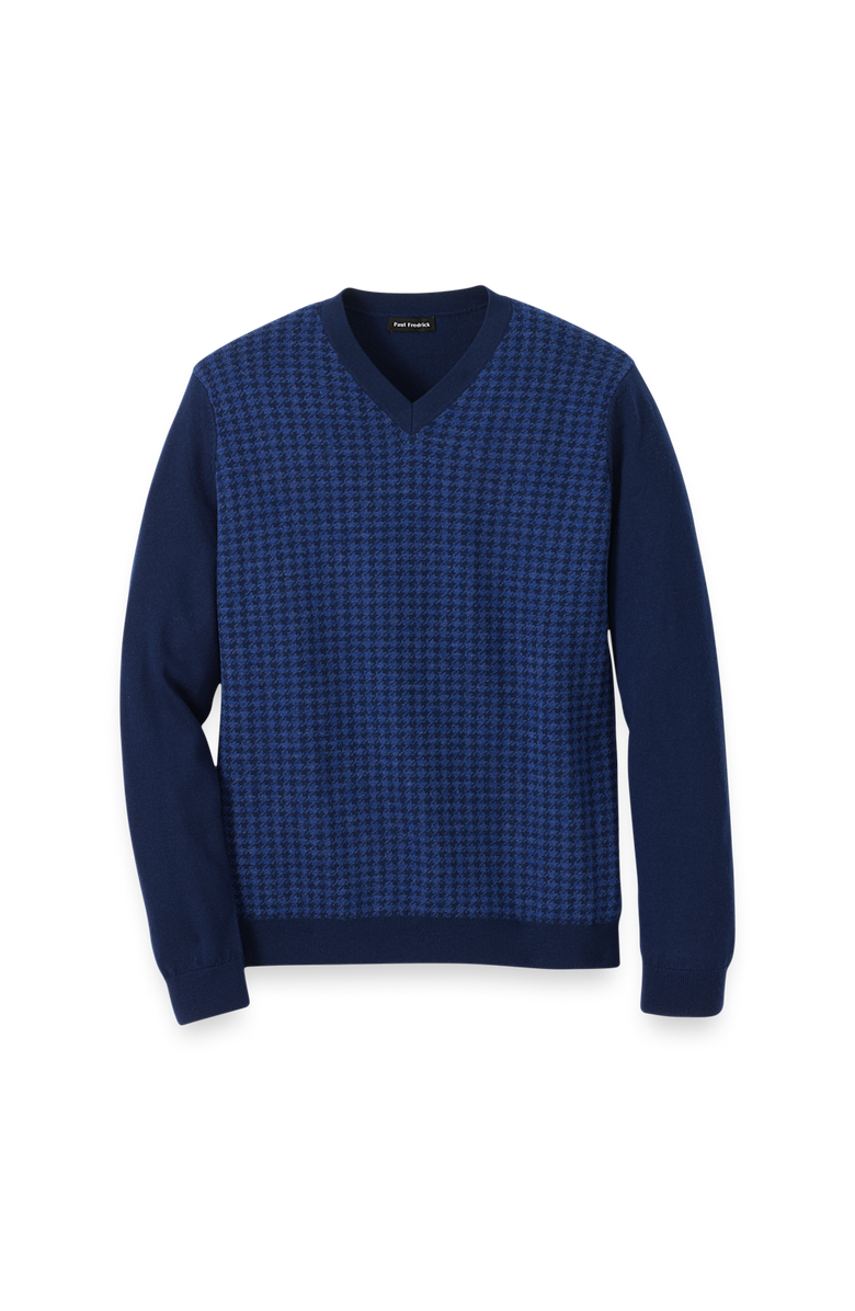 Paul Fredrick Washable Merino Wool Houndstooth V-neck Sweater, Main, color, Blue