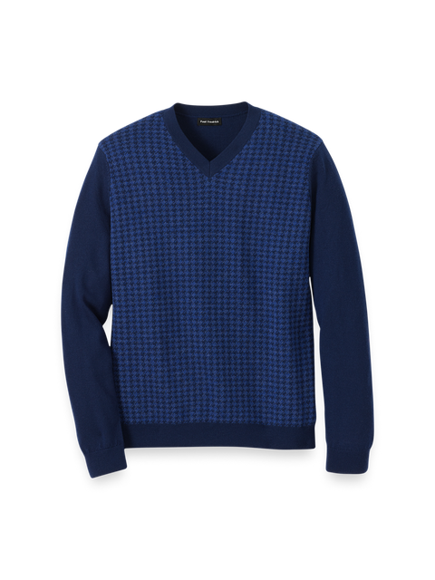 Washable Merino Wool Houndstooth V-neck Sweater