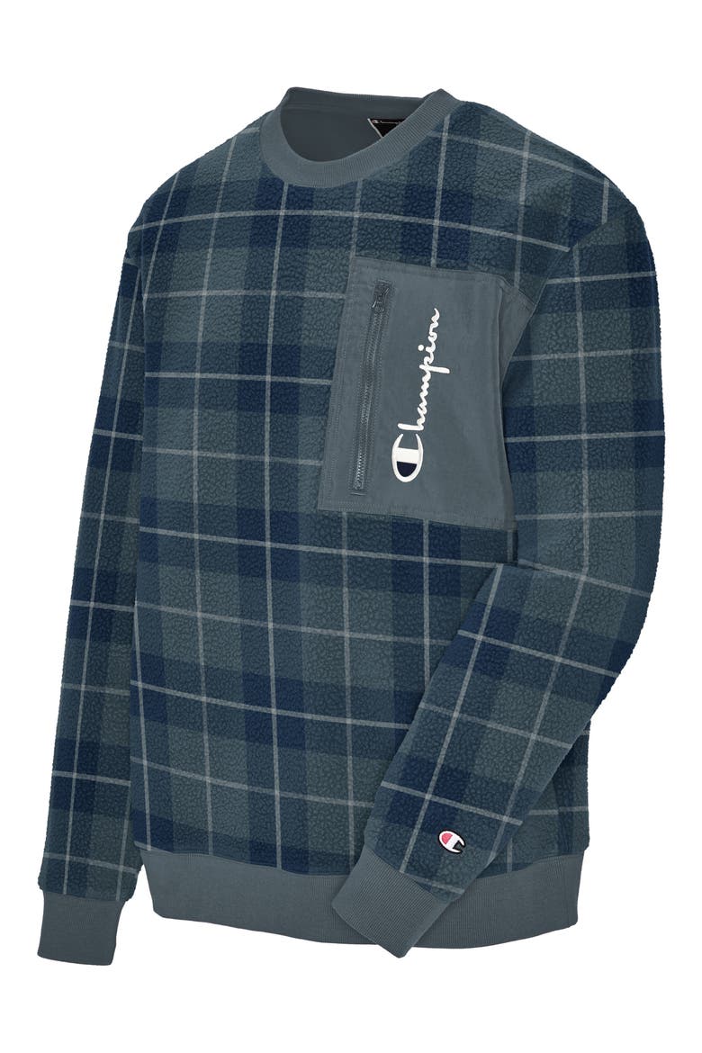Plaid Fleece Crewneck Sweatshirt, Alternate, color, BLUE PLAID/ VERGLAS