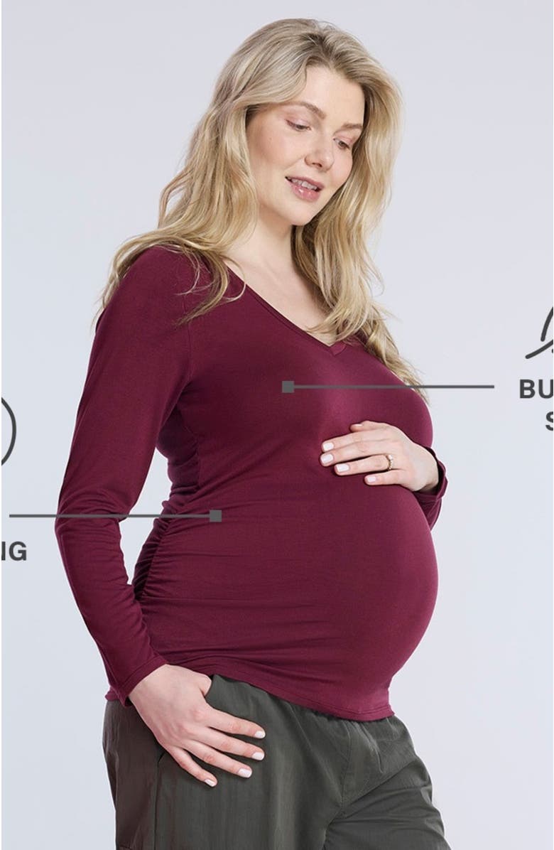 MOTHERHOOD MATERNITY V-Neck Side-Ruched Maternity Long Sleeve Tee, Alternate, color, Black