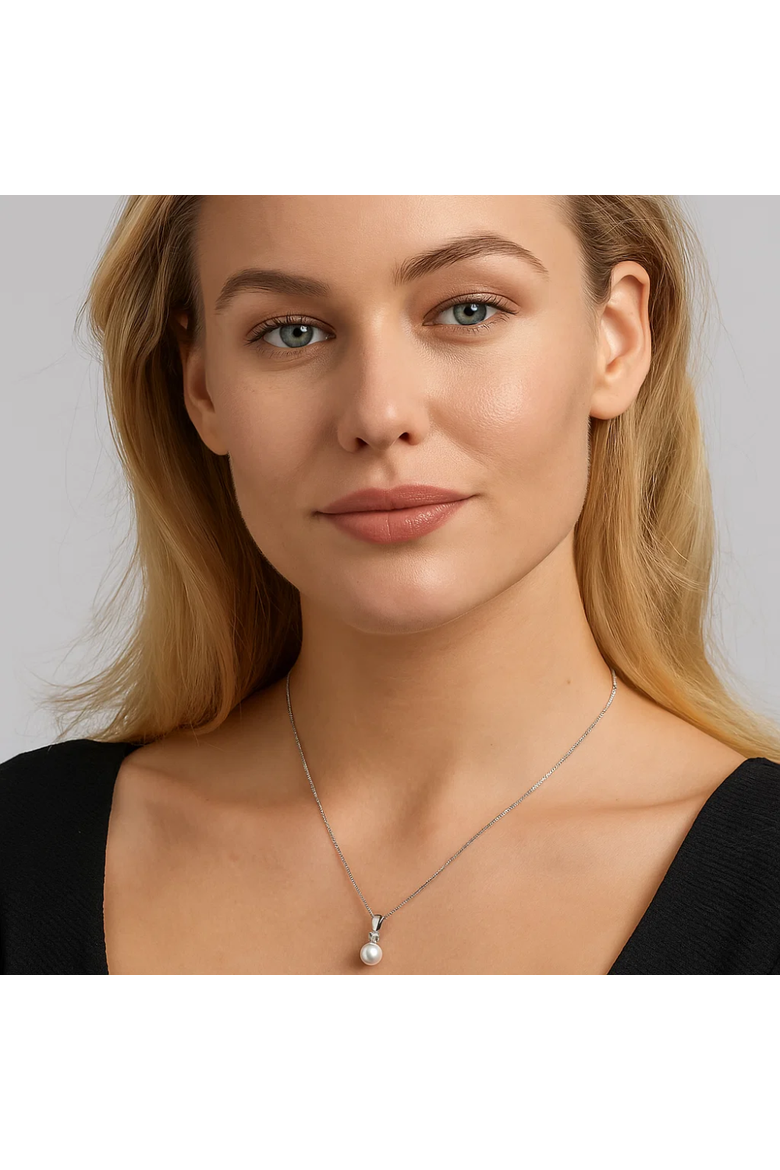 White Gold Pearl Pendant Necklace with Cubic Zirconia Accent Stone Necklace, Alternate, color, Silver