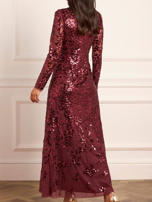 Needle & Thread Rosanna Lattice Round Neck Gown In Burgundy