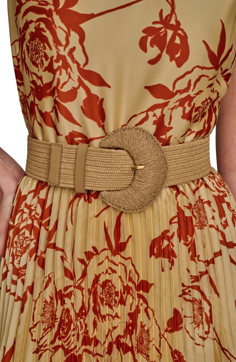 Donna Karan New York Floral Sleeveless Belted A-Line Midi Dress, Alternate, color, Cinnamon/ Beach