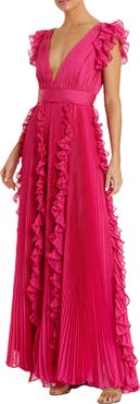 Mac Duggal Pleated Ruffle Cap Sleeve Flowy A Line Gown