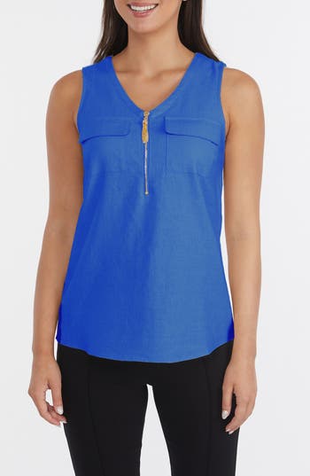 Ellen Tracy Sleeveless Zipper Detail Top In Azure
