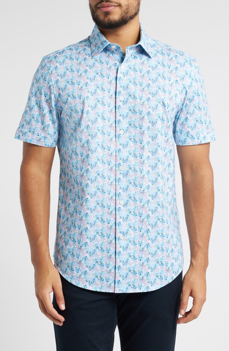 Bugatchi Miles OoohCotton<sup>®</sup> Solid Short Sleeve Button-Up Shirt, Main, color, Turquoise