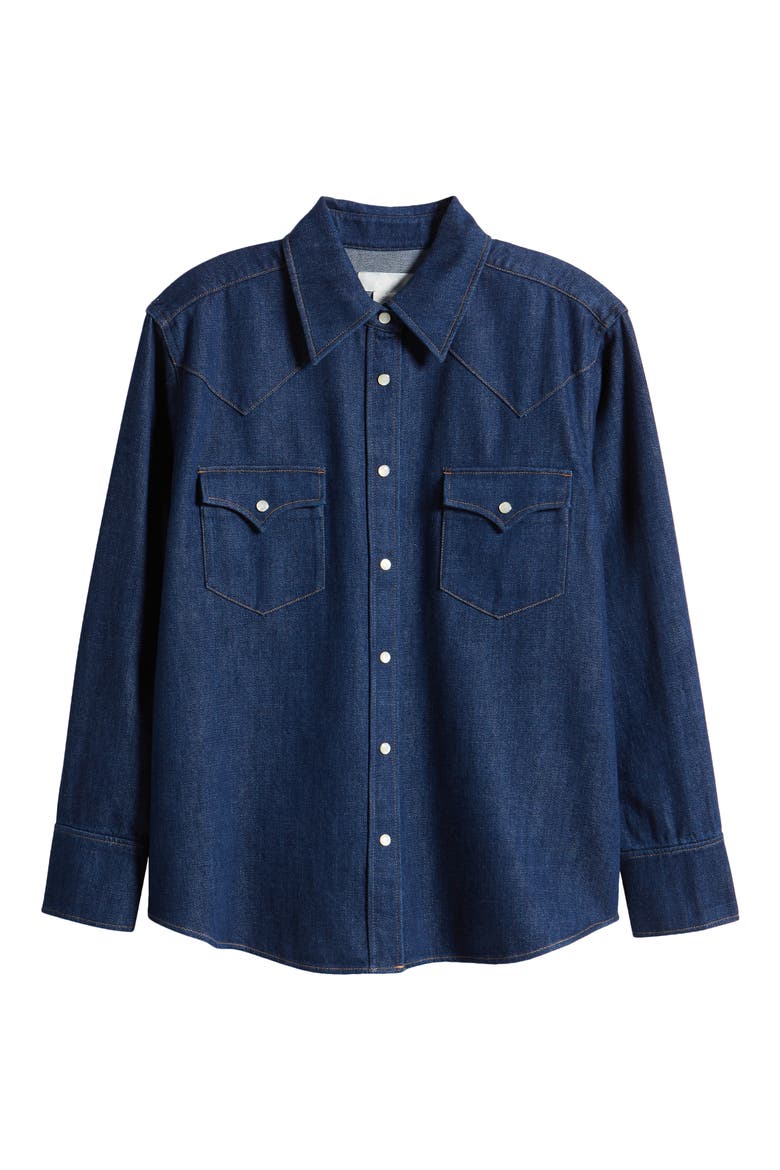 Oversize Western Organic Cotton Blend Denim Snap-Up Shirt, Alternate, color, BLUE DARK AMERICANO WASH
