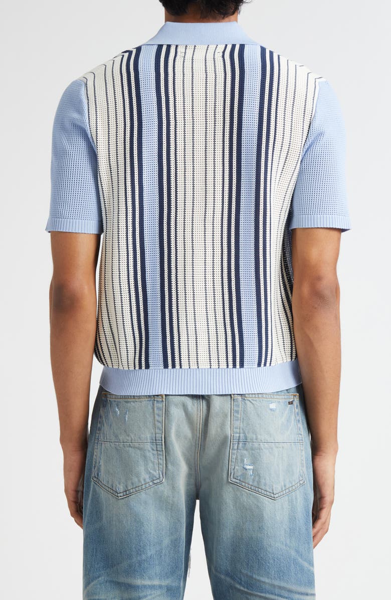 AMIRI Script Logo Embroidered Stripe Short Sleeve Cardigan, Alternate, color, Ashley Blue