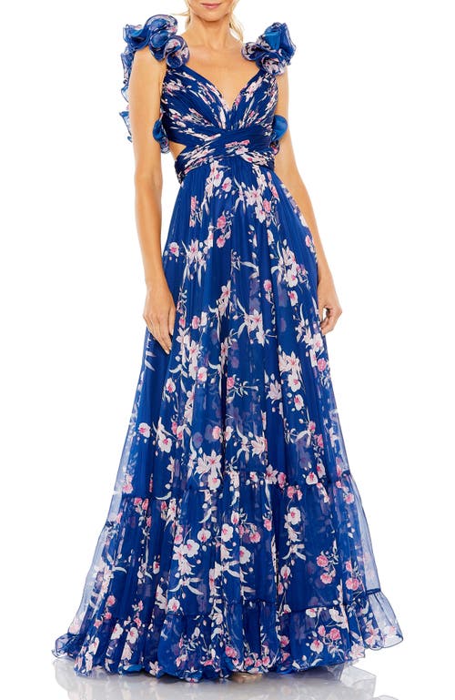 Mac Duggal Ruffle Tiered Floral Cut-out Chiffon Gown In Blue Multi