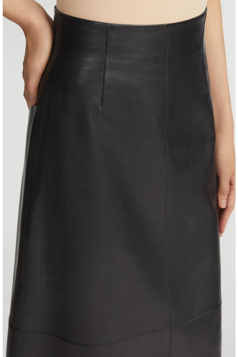 High Waist Napa Lambskin Leather A-Line Midi Skirt, Alternate, color, BLACK