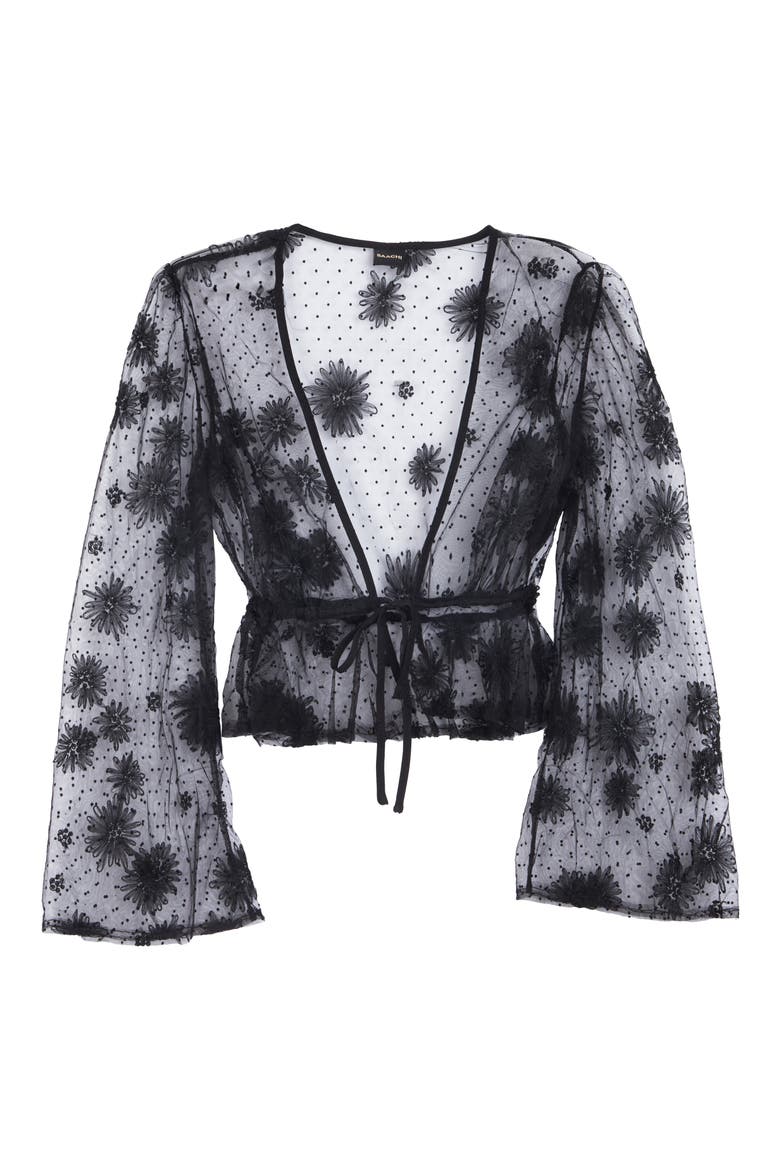 Sheer Floral Mesh Bell Sleeve Tie Front Top, Alternate, color, BLACK